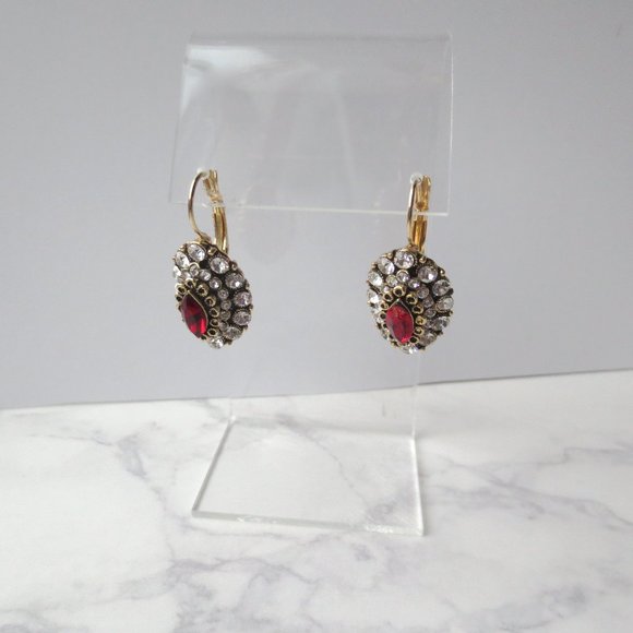 Vintage Look Faux Gold Ruby and Diamanté Sleeper Earrings - Picture 3 of 5